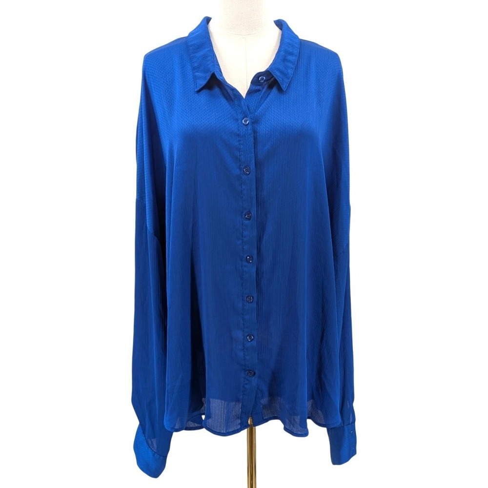 Nasty Gal Plus Blouse Cobalt Blue Textured Dot Button Front Sheer Size 20
